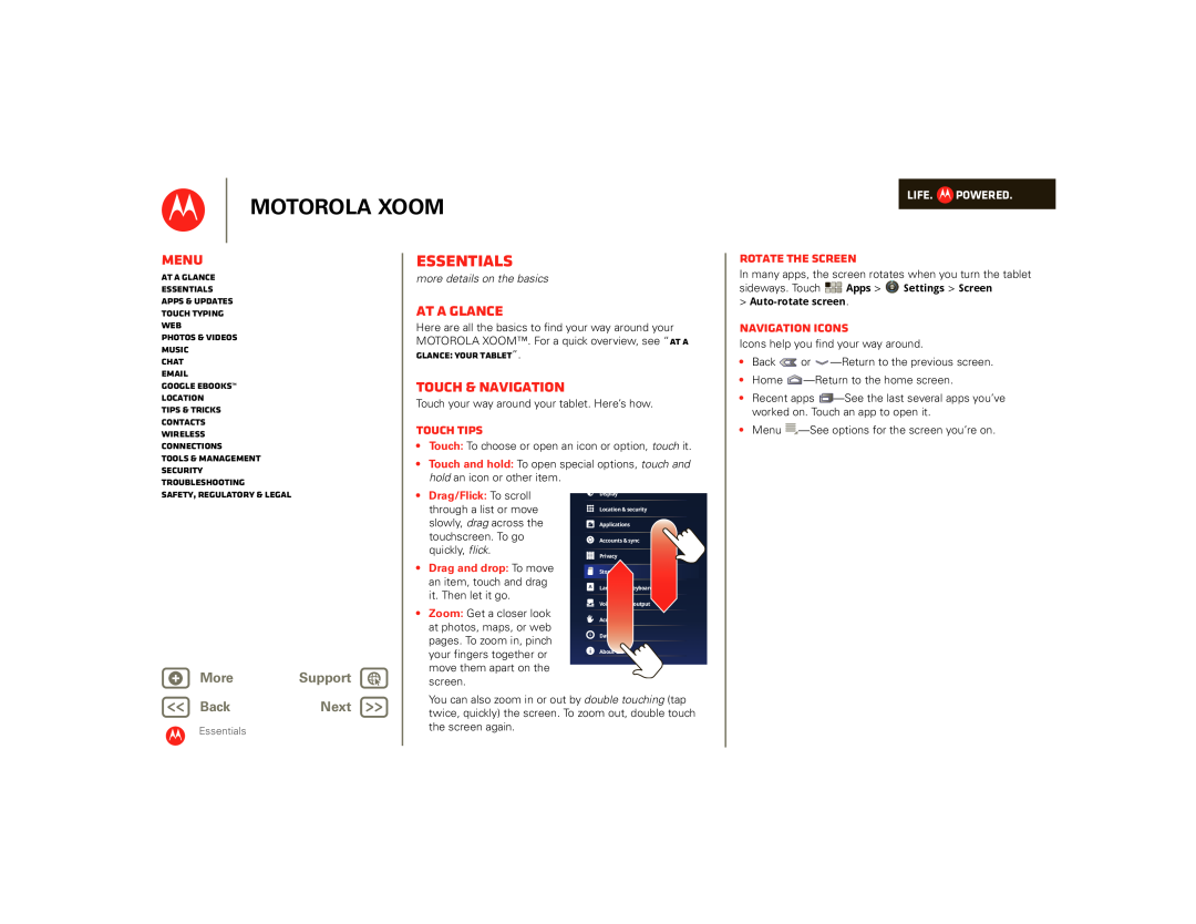 Motorola 990000745 Essentials, At a glance, Touch & navigation, Touch tips, Rotate the screen, Navigation icons, Menu 