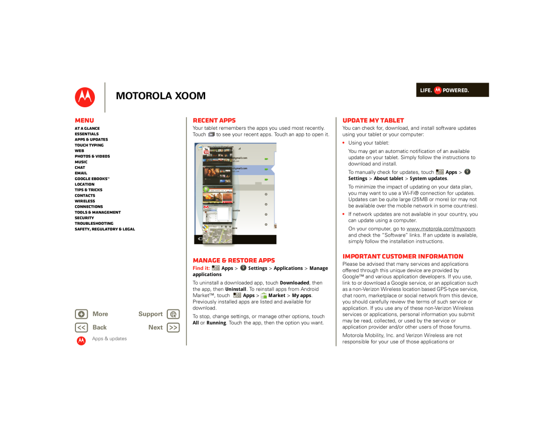 Motorola SJ1558RA Recent apps, Manage & restore apps, Update my tablet, Important customer information, Motorola Xoom 