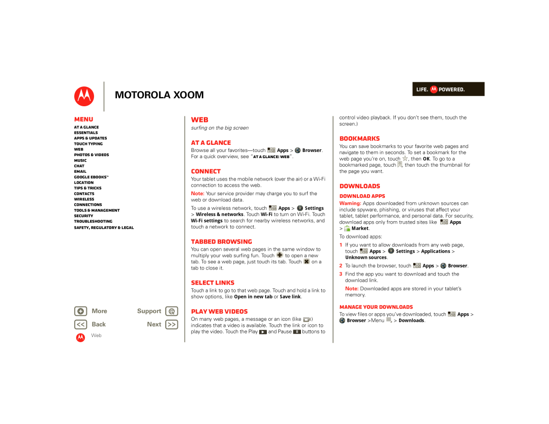 Motorola SJ1558RA manual Connect, Tabbed browsing, Select links, Play web videos, Bookmarks, Downloads, Download apps, Menu 