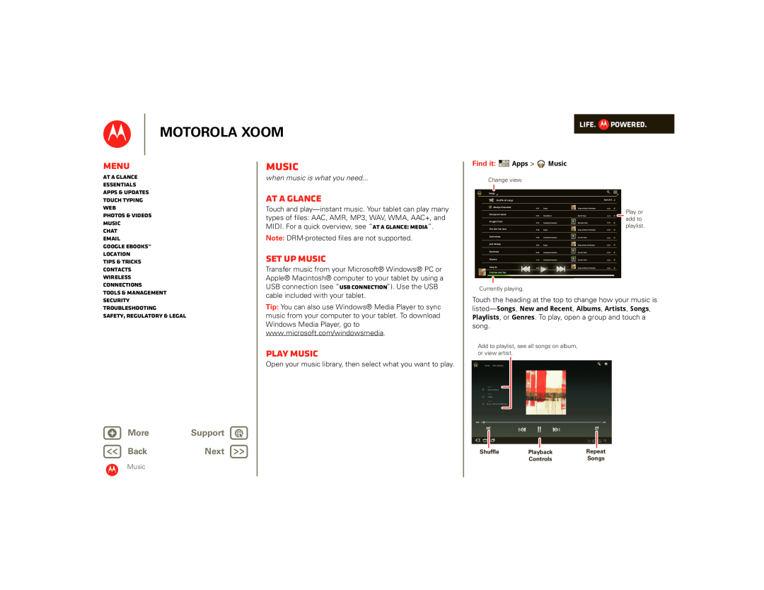 Motorola 990000745 Music, Set up music, Play music, Motorola Xoom, Menu, At a glance, + More, Support, BackNext, Life 