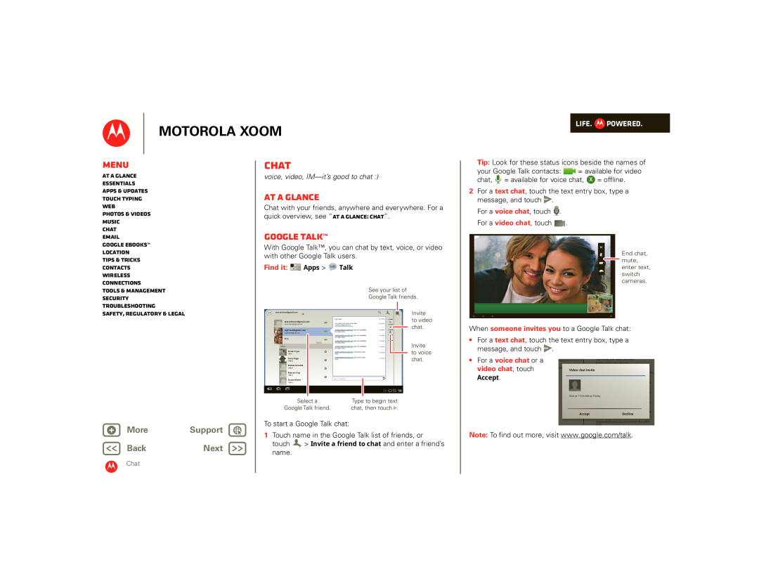 Motorola 00001NARGNLX Chat, Google Talk, video chat, touch, Motorola Xoom, Menu, At a glance, + More, Support, BackNext 