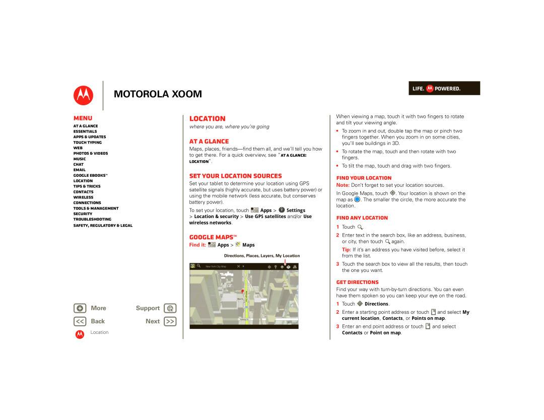 Motorola SJ1558RA Location, Set your location sources, Google Maps, Find your location, Find any location, Get directions 