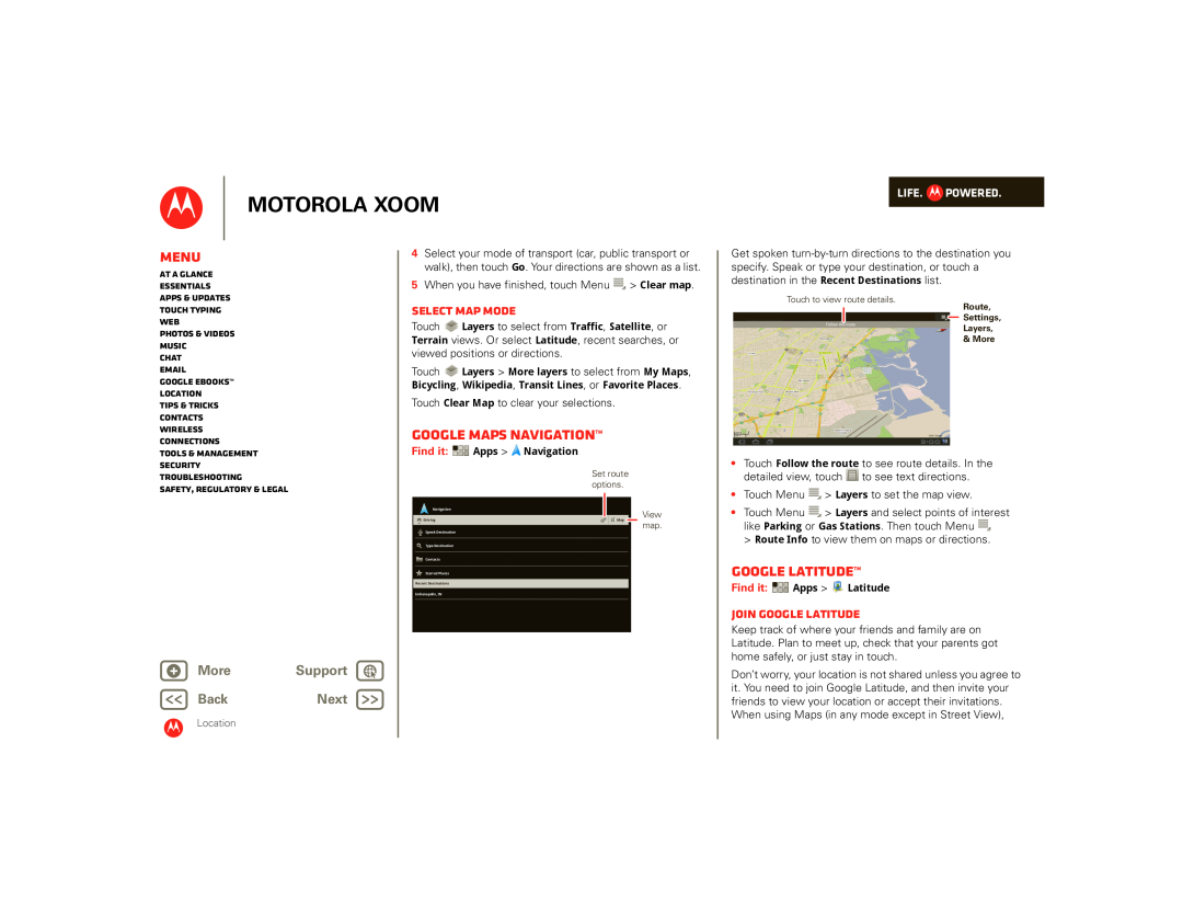 Motorola 00001NARGNLX manual Google Maps Navigation, Select map mode, Join Google Latitude, Motorola Xoom, Menu, + More 