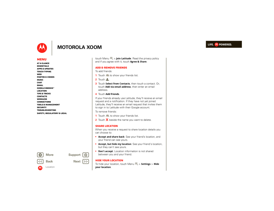 Motorola 990000745 manual Add & remove friends, Share location, Hide your location, Motorola Xoom, Menu, + More, Support 