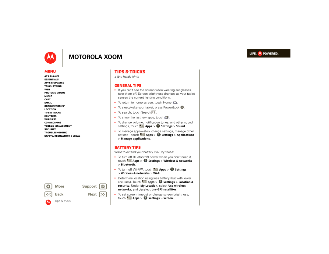 Motorola SJ1558RA Tips & tricks, General tips, Battery tips, Back, Next, senses the current lighting conditions, Menu 