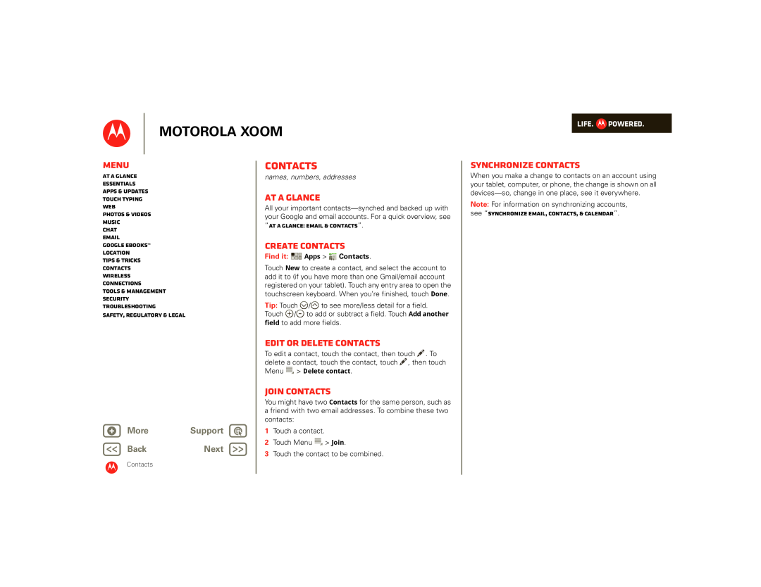 Motorola 00001NARGNLX manual Contacts, Create contacts, Edit or delete contacts, Join contacts, Synchronize contacts, Menu 