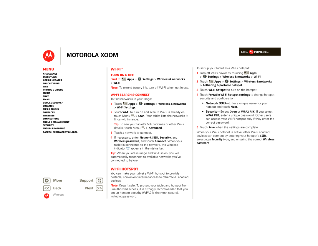 Motorola SJ1558RA Wi-Fi hotspot, Turn on & off, Wi-Fi search & connect, Motorola Xoom, Menu, + More, Support, BackNext 