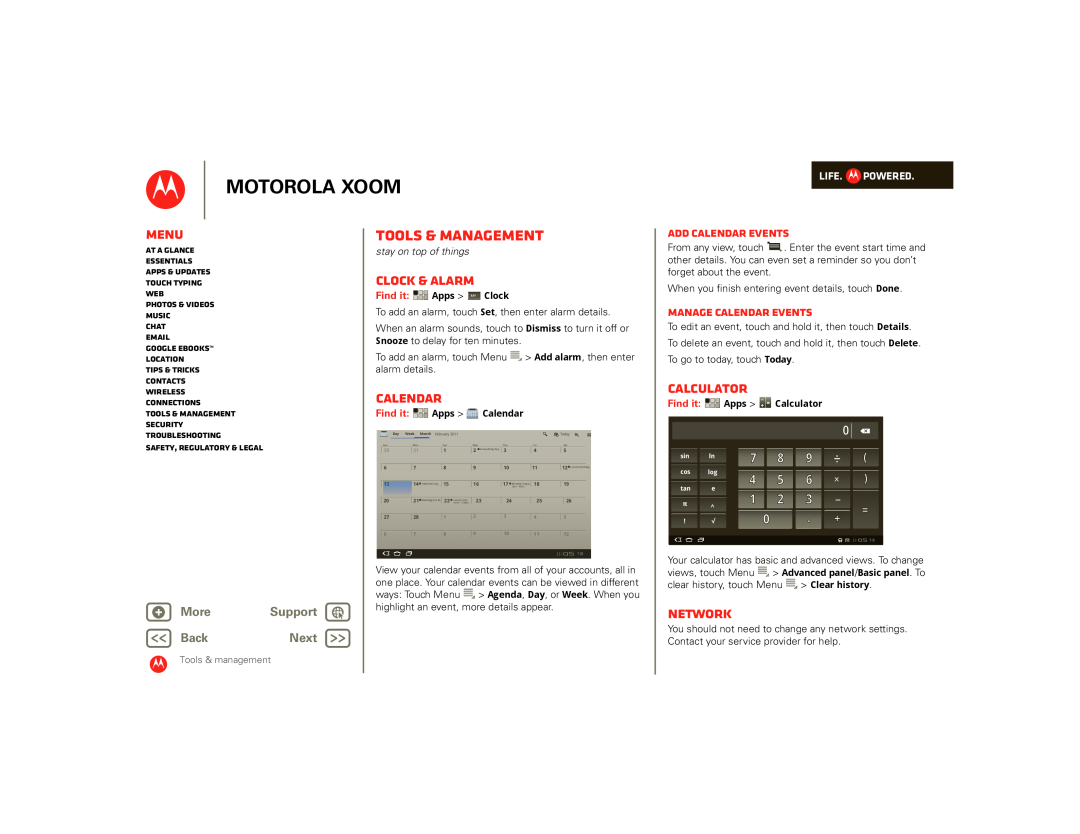 Motorola 990000745 Tools & management, Clock & alarm, Calendar, Calculator, Network, Add calendar events, Motorola Xoom 