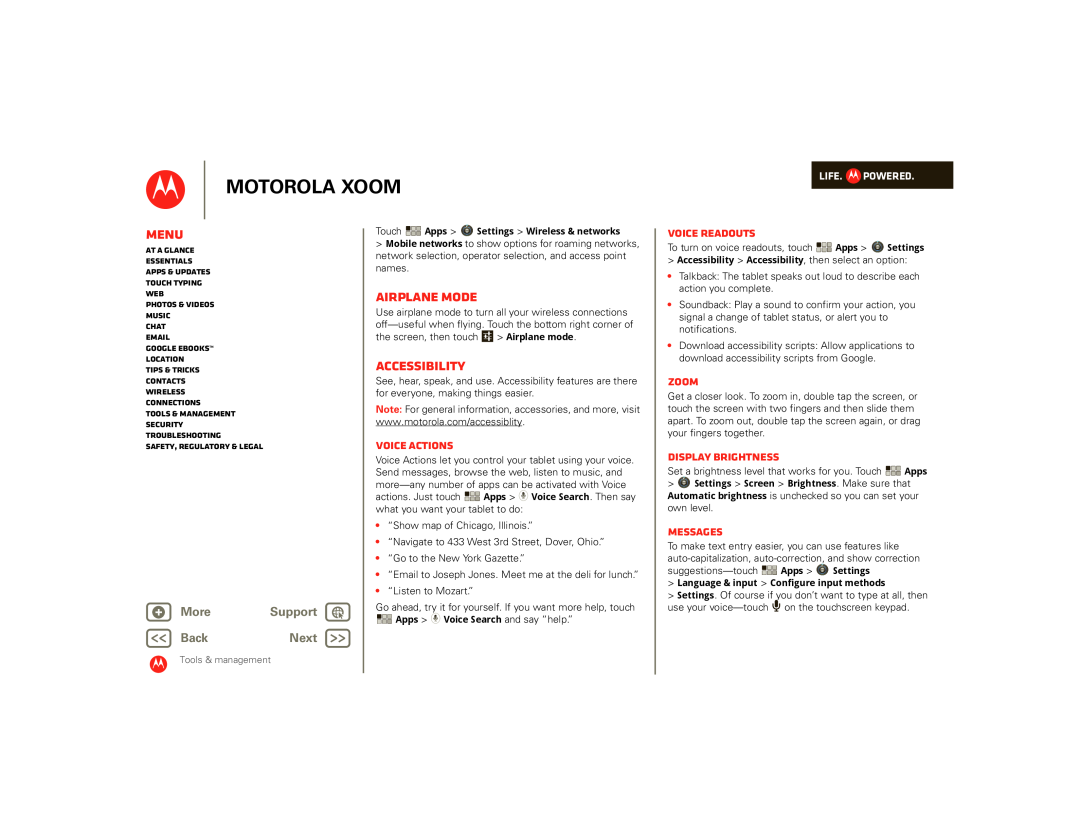 Motorola SJ1558RA Airplane mode, Accessibility, Voice actions, Voice readouts, Zoom, Display brightness, Messages, Menu 