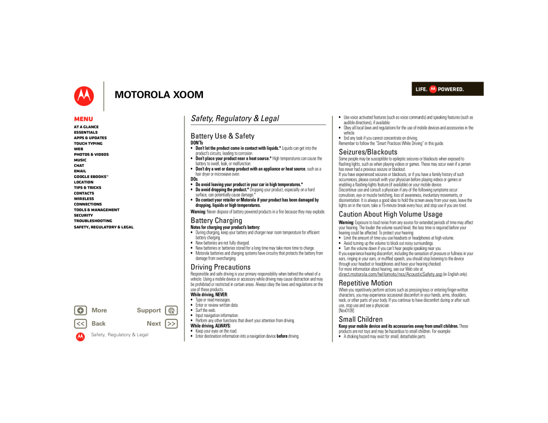 Motorola 00001NARGNLX Battery Use & Safety, Battery Charging, Driving Precautions, Seizures/Blackouts, Repetitive Motion 