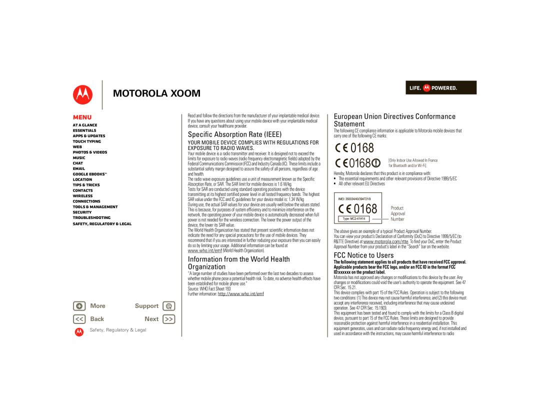 Motorola SJ1558RA Specific Absorption Rate IEEE, Information from the World Health Organization, FCC Notice to Users, 0168 