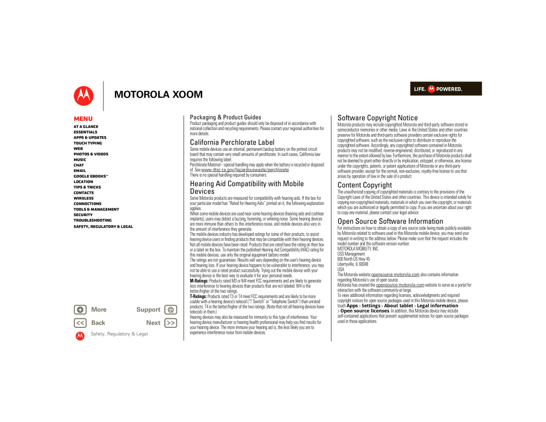 Motorola SJ1558RA California Perchlorate Label, Hearing Aid Compatibility with Mobile Devices, Software Copyright Notice 
