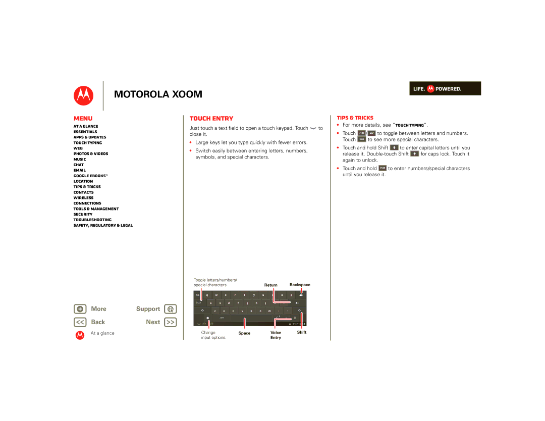 Motorola SJ1558RA Toggle letters/numbers Backspace Special characters Return, Change Space Voice Shift Input options Entry 