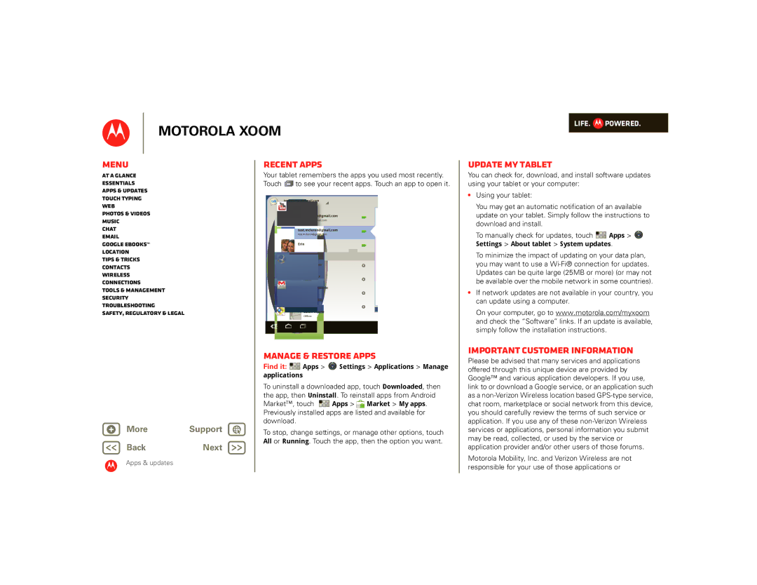 Motorola SJ1558RA, 990000745 manual Recent apps, Manage & restore apps, Update my tablet, Important customer information 