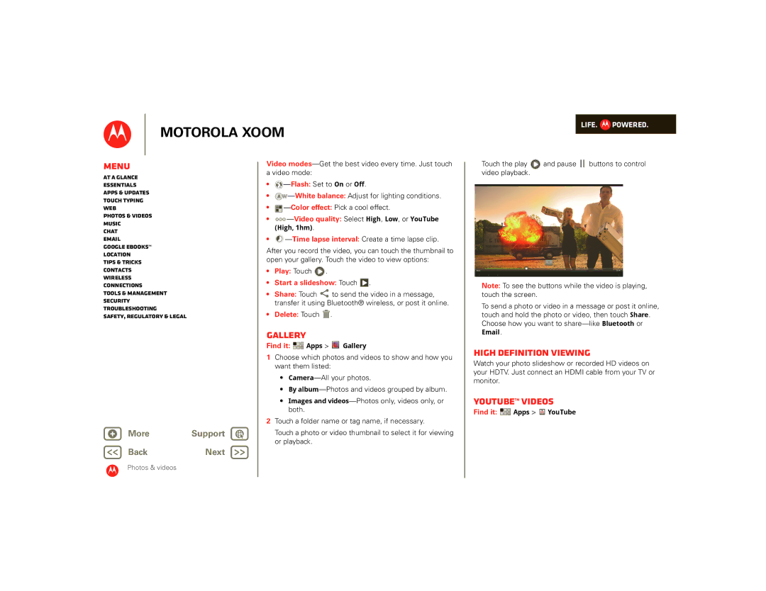 Motorola SJ1558RA manual Gallery, High Definition viewing, YouTube videos, Time lapse interval Create a time lapse clip 