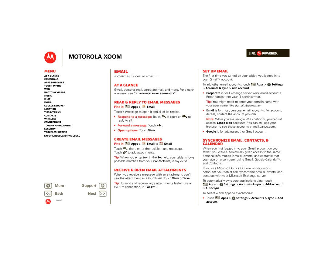 Motorola 990000745 Read & reply to email messages, Create email messages, Receive & open email attachments, Set up email 