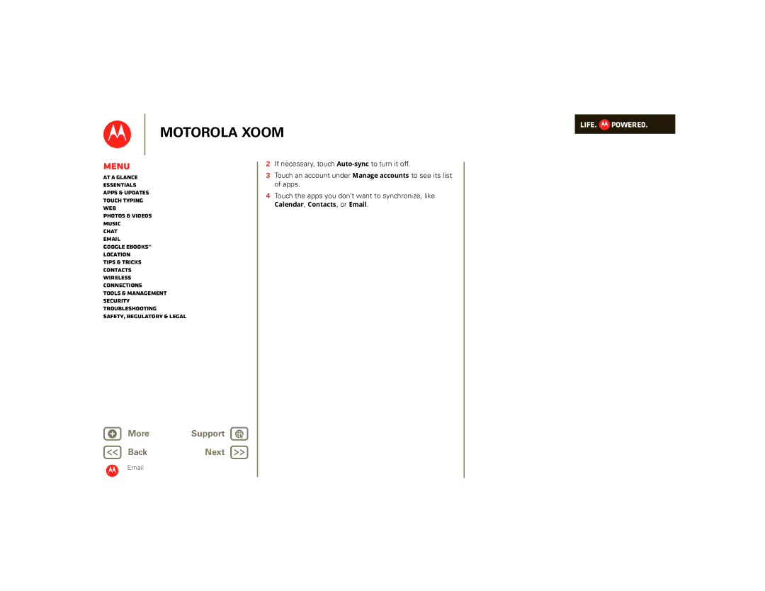 Motorola SJ1558RA, 990000745 manual Touch an account under Manage accounts to see its list, Calendar, Contacts, or Email 