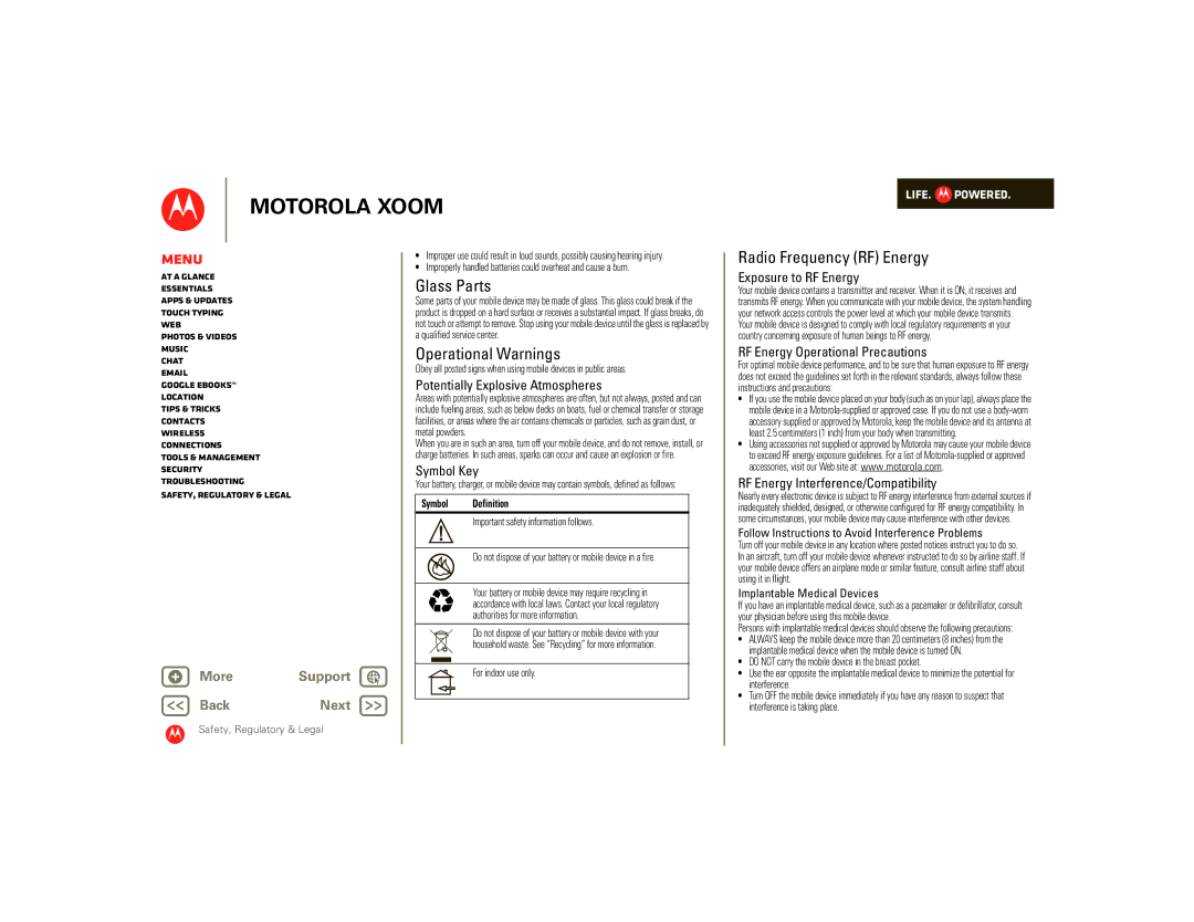 Motorola 990000745, SJ1558RA, 00001NARGNLX manual Glass Parts, Operational Warnings, Radio Frequency RF Energy 