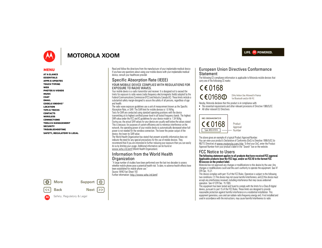 Motorola SJ1558RA manual Specific Absorption Rate Ieee, Information from the World Health Organization, FCC Notice to Users 