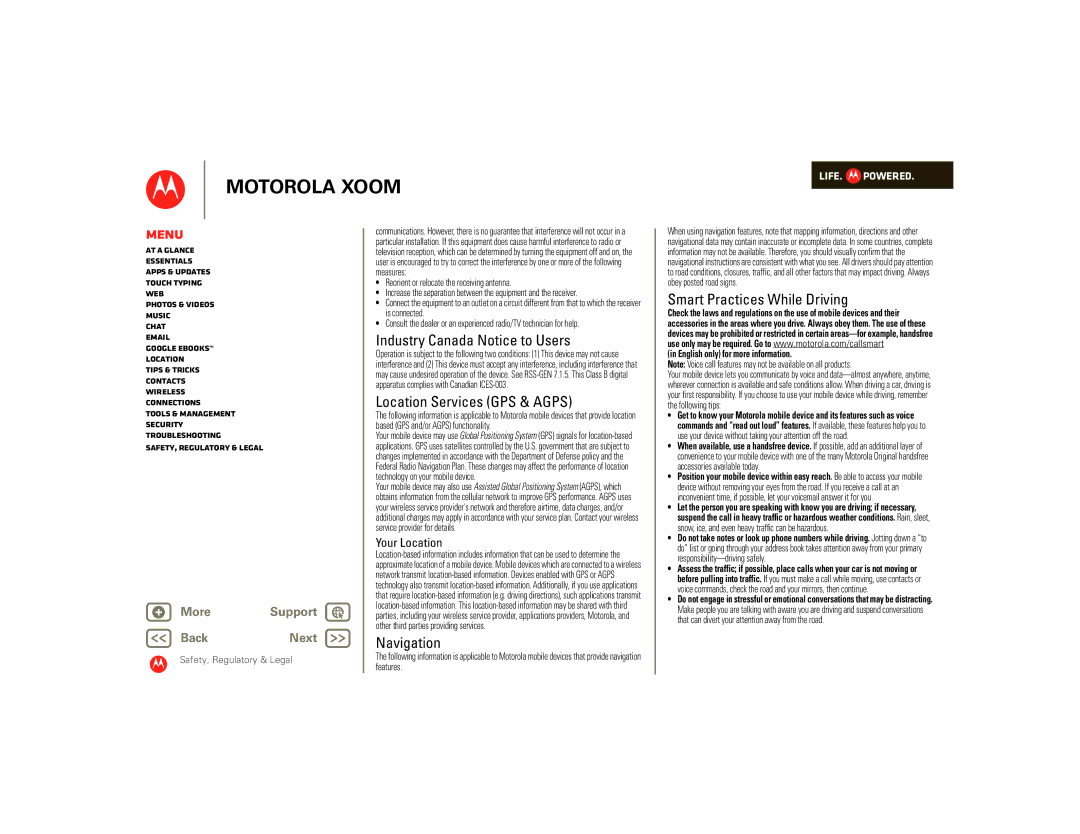 Motorola 00001NARGNLX, 990000745, SJ1558RA manual Industry Canada Notice to Users, Location Services GPS & Agps, Navigation 