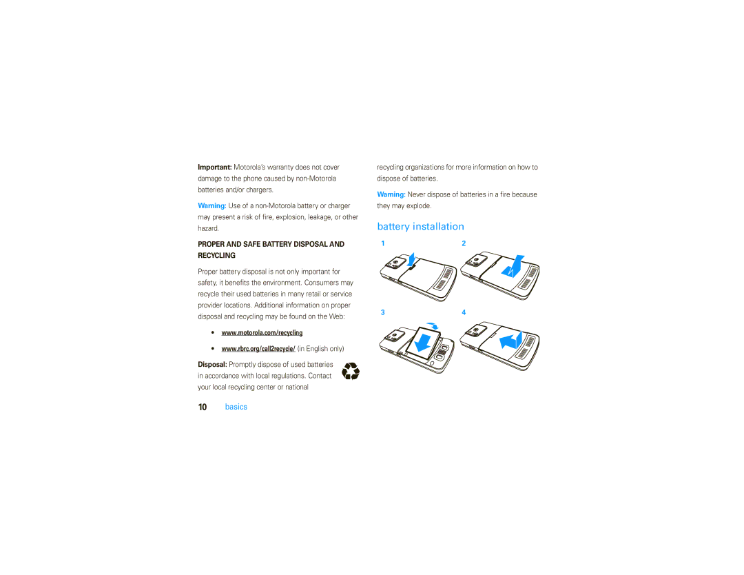 Motorola 9C manual Battery installation, Proper and Safe Battery Disposal Recycling 