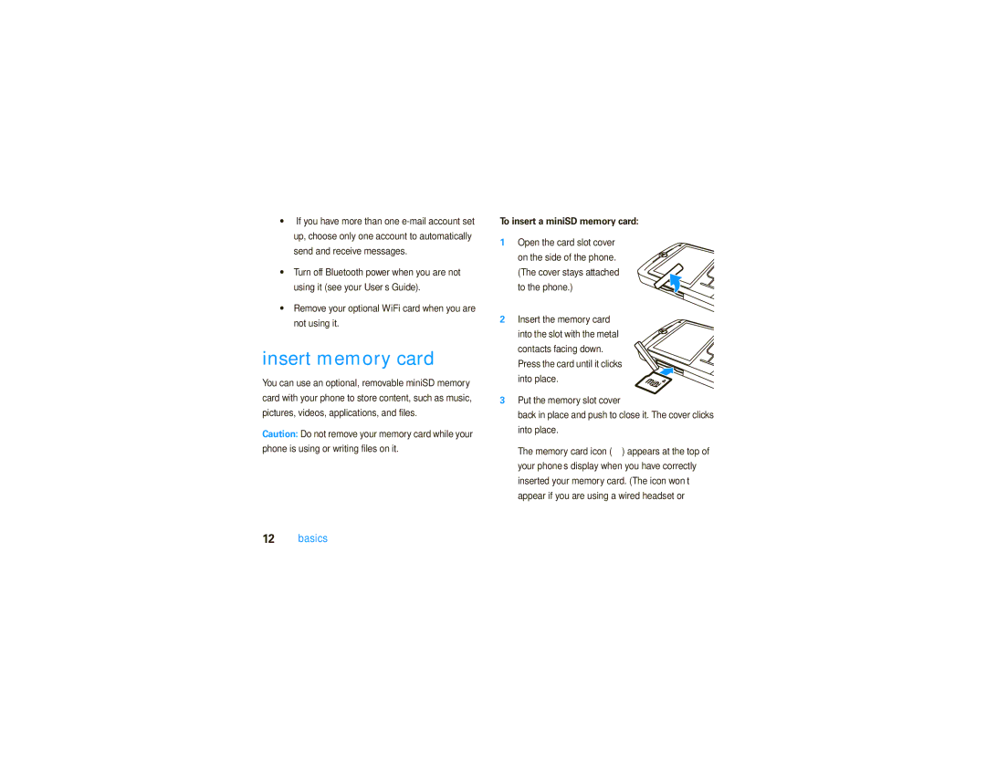 Motorola 9C manual Insert memory card, To insert a miniSD memory card 