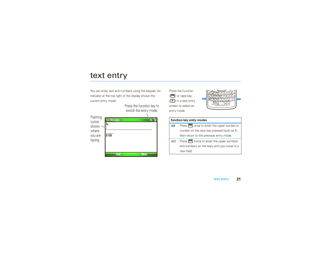 Motorola 9C manual Text entry, 160, Function key entry modes 