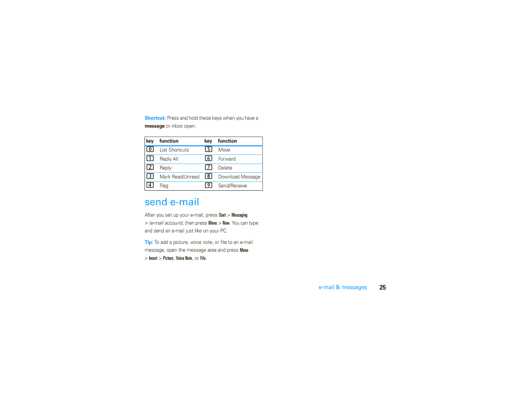 Motorola 9C manual Send e-mail, Key Function, List Shortcuts Move Reply All Forward Delete, Flag Send/Receive 