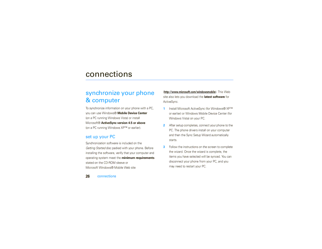 Motorola 9C Connections, Synchronize your phone & computer, Set up your PC, Microsoft ActiveSync version 4.5 or above 