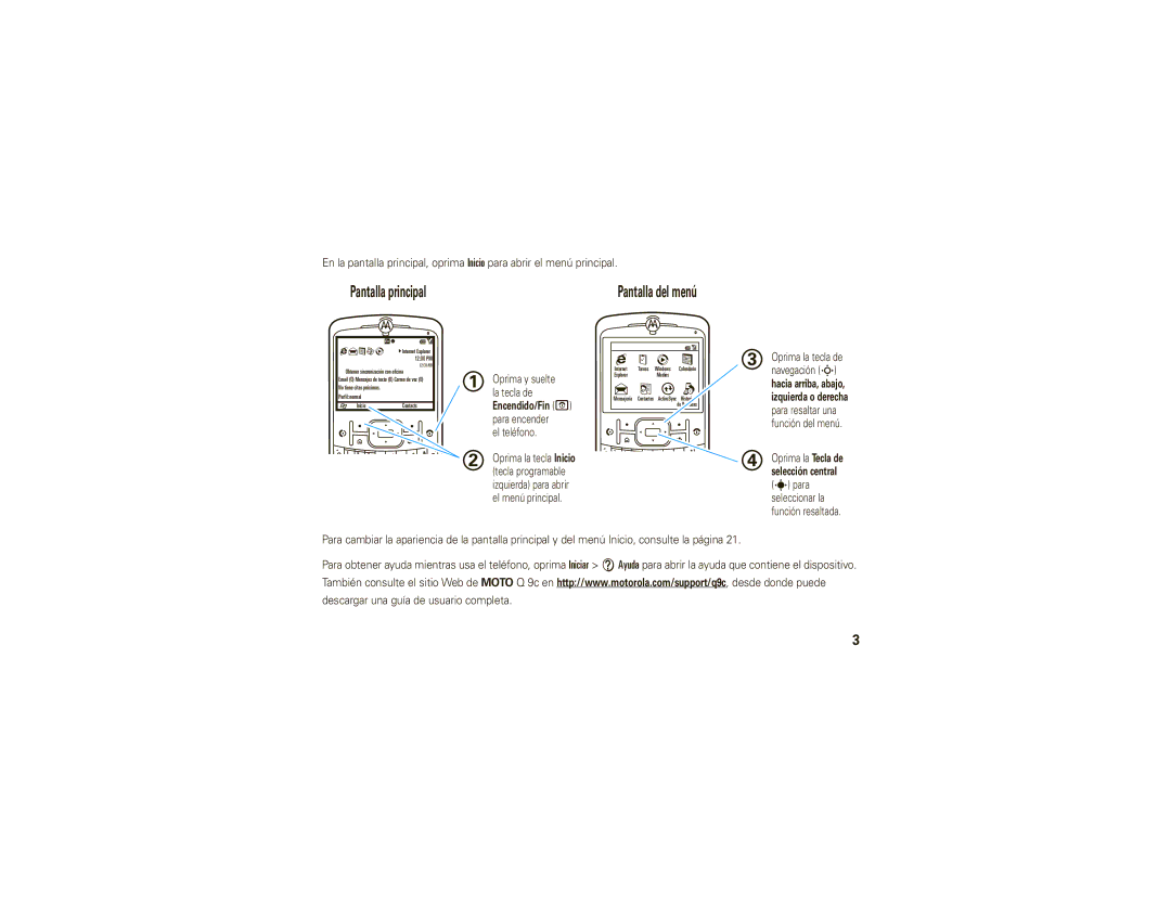 Motorola 9C manual Pantalla principal Pantalla del menú 