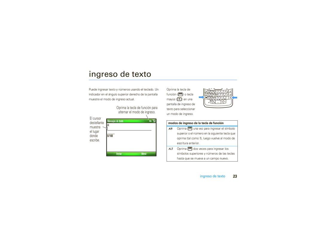 Motorola 9C manual Ingreso de texto, Oprima la tecla de función H o tecla, Modos de ingreso de la tecla de función 