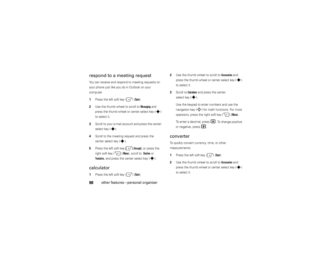 Motorola 9C manual Respond to a meeting request, Calculator, Converter 