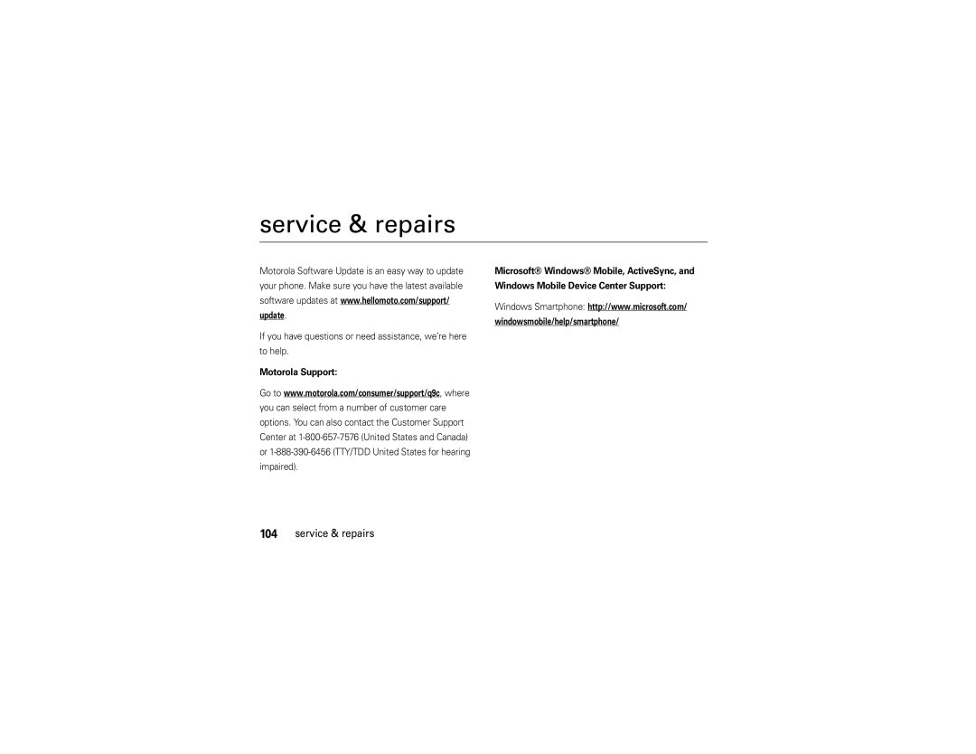 Motorola 9C manual Service & repairs, Windows Mobile Device Center Support, Motorola Support 