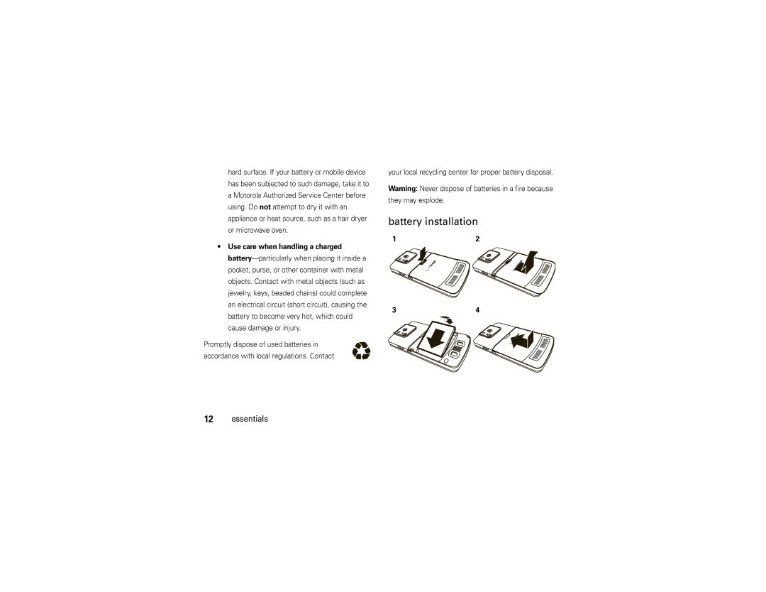 Motorola 9C manual Battery installation, Your local recycling center for proper battery disposal 