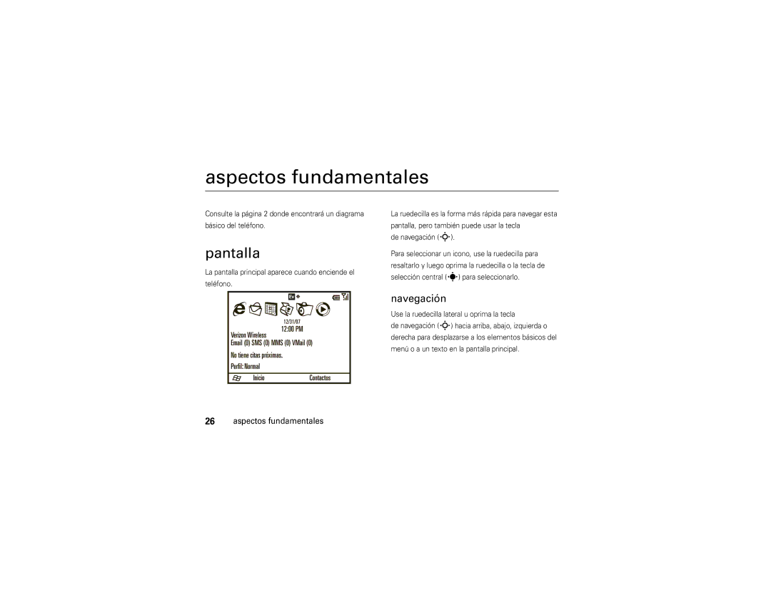 Motorola 9C manual Aspectos fundamentales, Pantalla, Navegación 