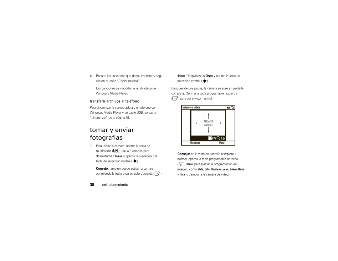 Motorola 9C manual Tomar y enviar fotografías, Transferir archivos al teléfono 