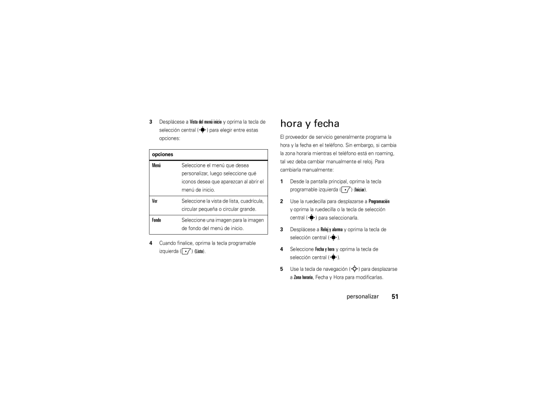 Motorola 9C manual Hora y fecha, Menú, Ver, Fondo 