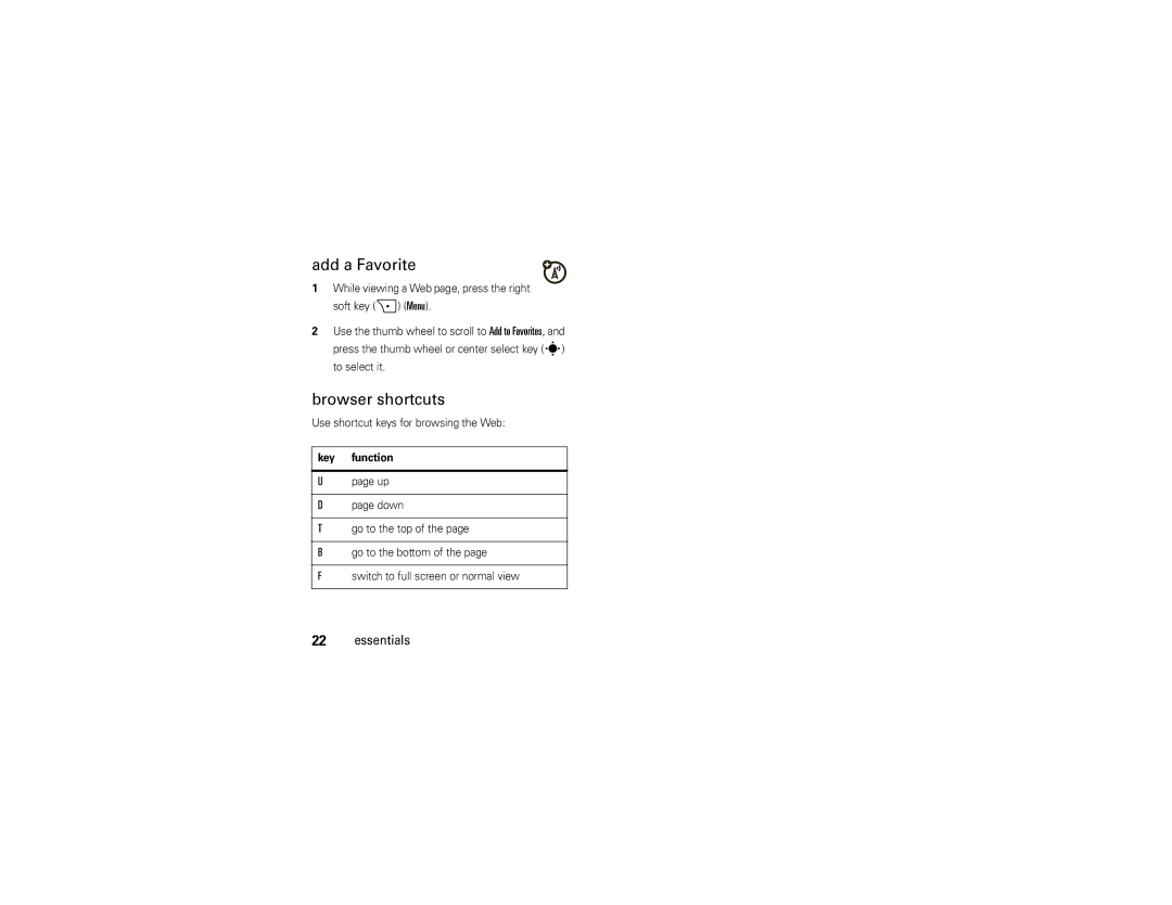 Motorola 9C Add a Favorite, Browser shortcuts, While viewing a Web page, press the right soft key + Menu, Key function 