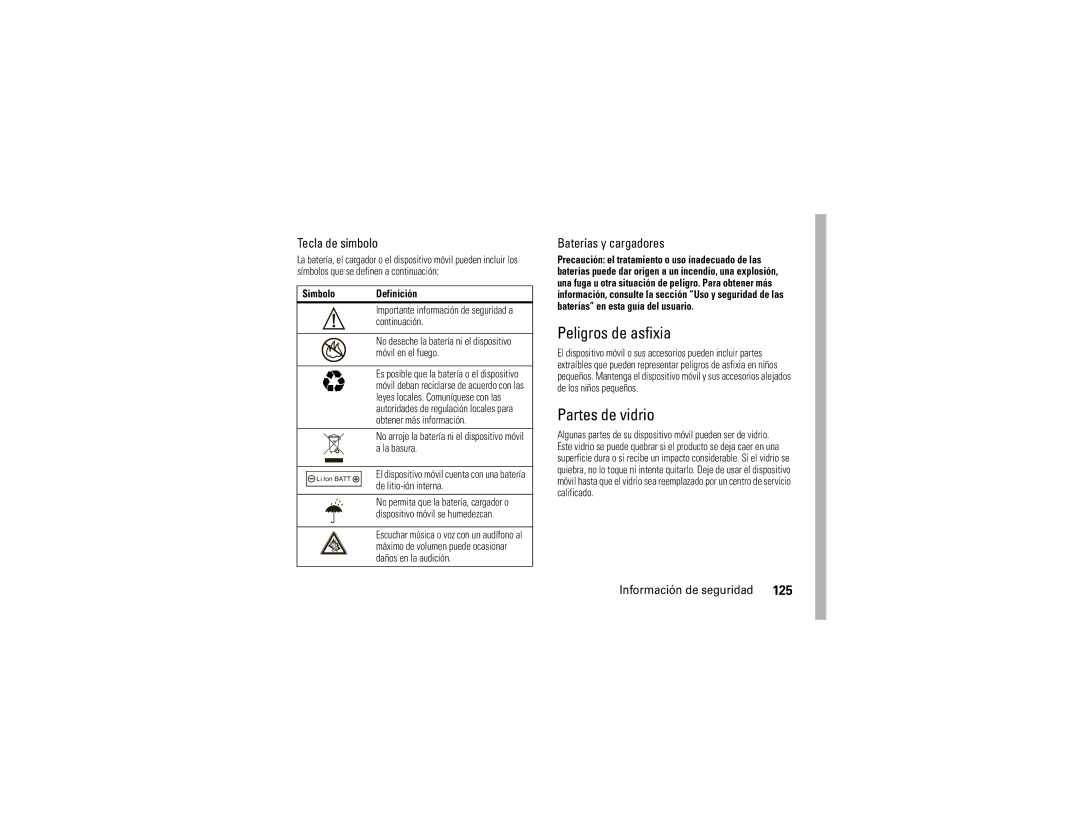 Motorola 9C manual Peligros de asfixia, Partes de vidrio, Importante información de seguridad a continuación 