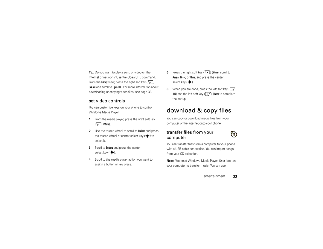 Motorola 9C manual Download & copy files, Set video controls, Transfer files from your computer, Set up 