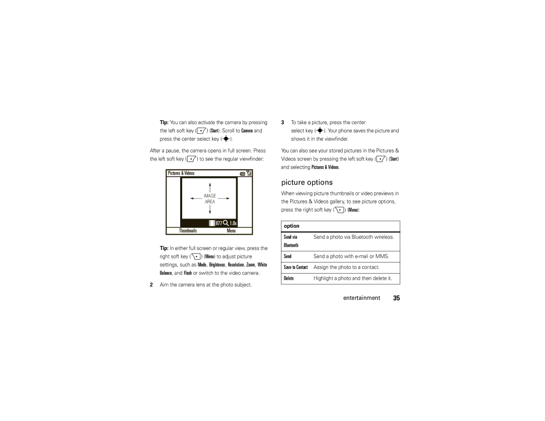 Motorola 9C manual Picture options, Send via, Bluetooth Send, Delete, Option 