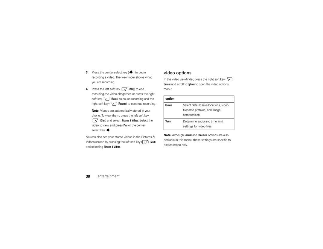 Motorola 9C manual Video options, Camera 