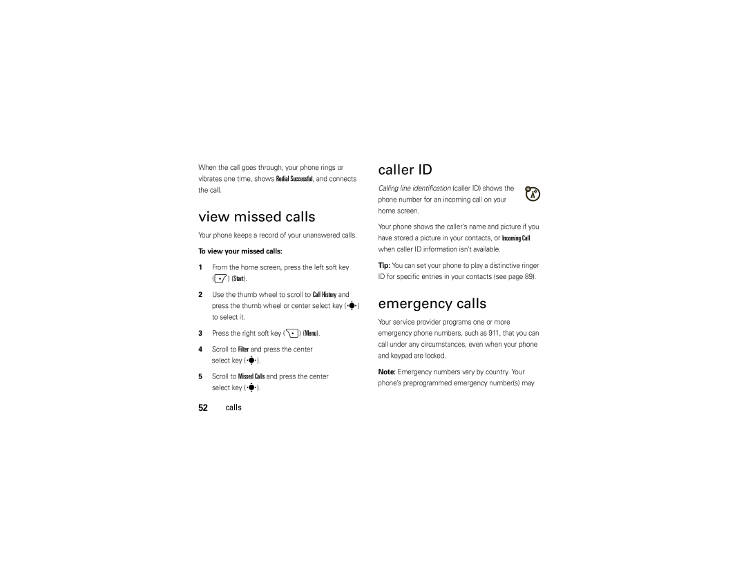 Motorola 9C manual View missed calls, Caller ID, Emergency calls, Your phone keeps a record of your unanswered calls 