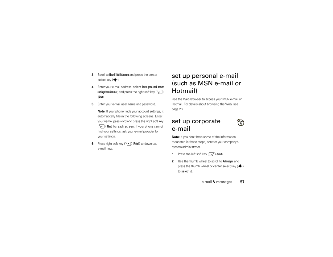 Motorola 9C manual Set up personal e-mail such as MSN e-mail or Hotmail, Set up corporate e-mail, Next 