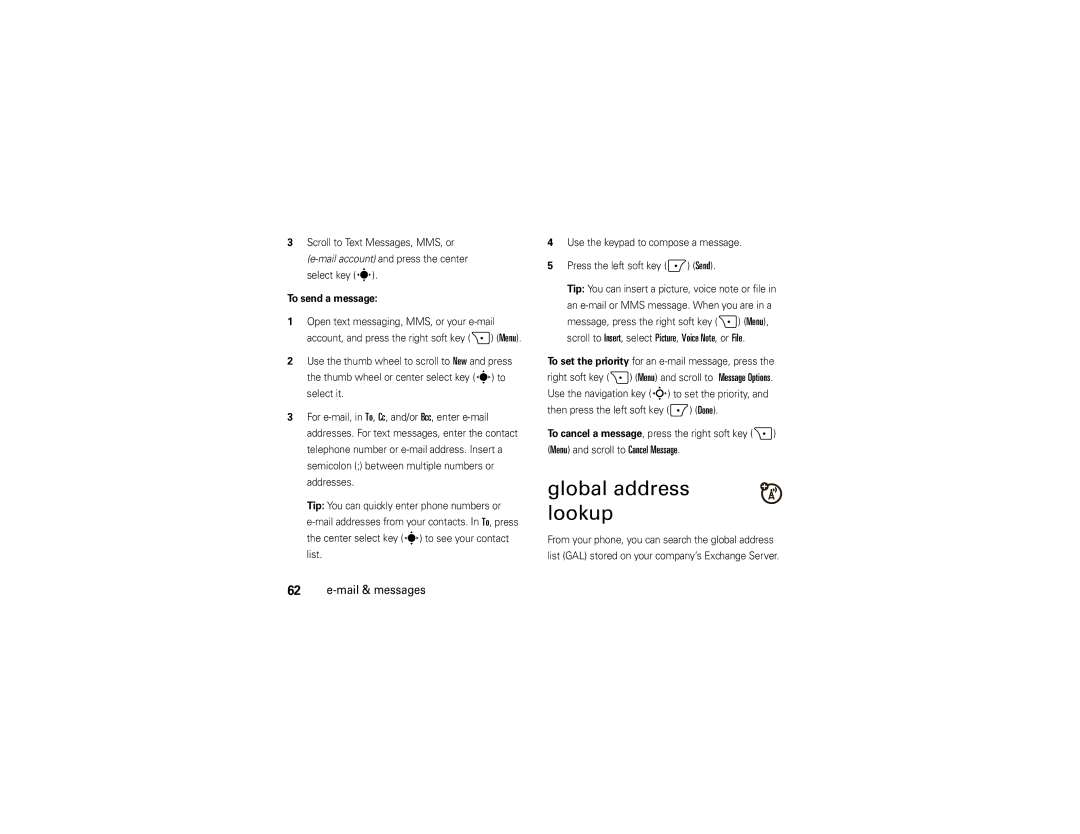 Motorola 9C manual Global address lookup, Scroll to Text Messages, MMS, or, To send a message 
