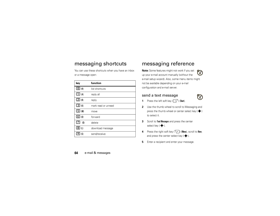 Motorola 9C manual Messaging shortcuts, Messaging reference, Send a text message 