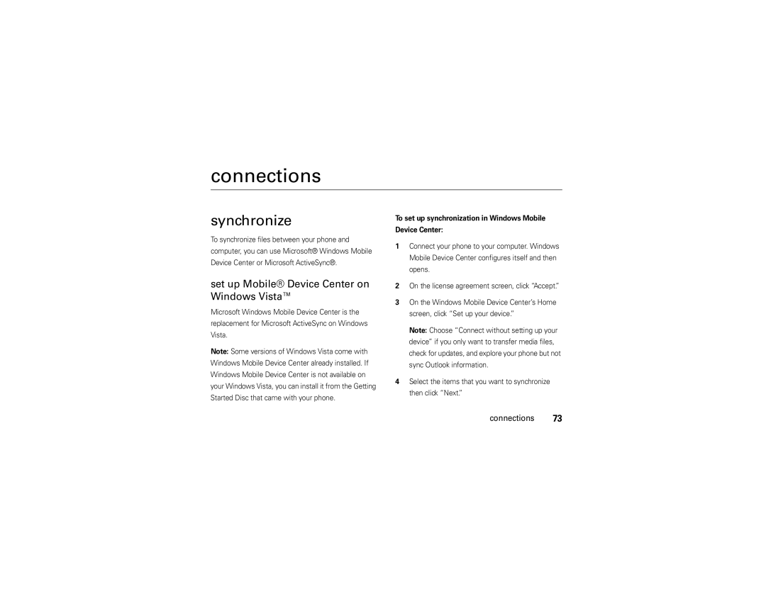 Motorola 9C manual Connections, Synchronize, Set up Mobile Device Center on Windows Vista 