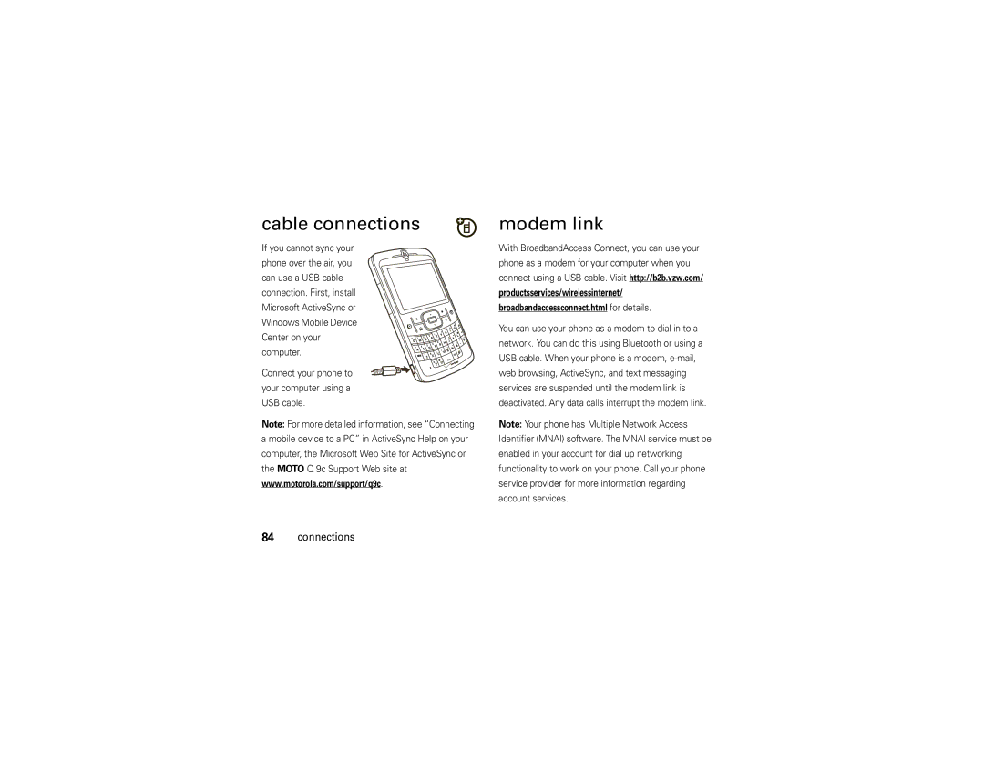 Motorola 9C manual Cable connections, Modem link 