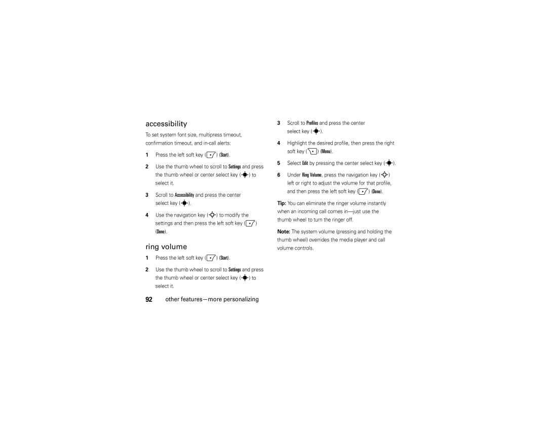 Motorola 9C manual Accessibility, Ring volume 