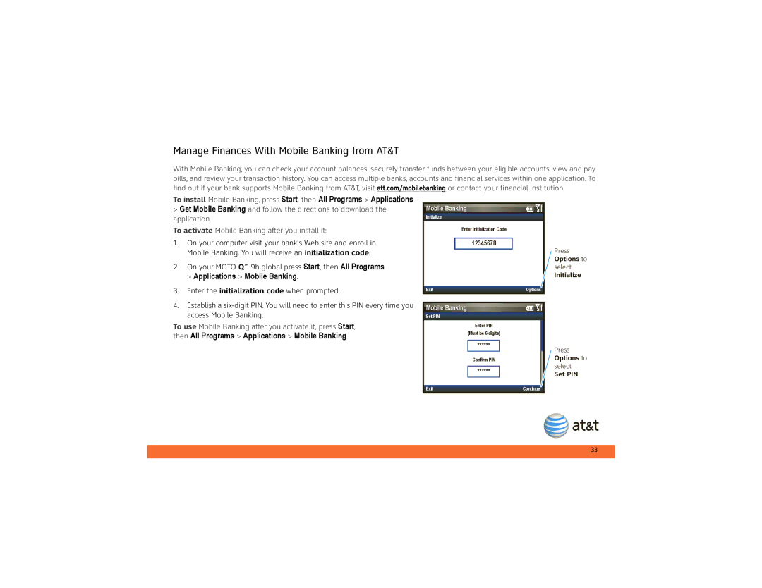 Motorola 9h Global manual Manage Finances With Mobile Banking from AT&T, Applications Mobile Banking 